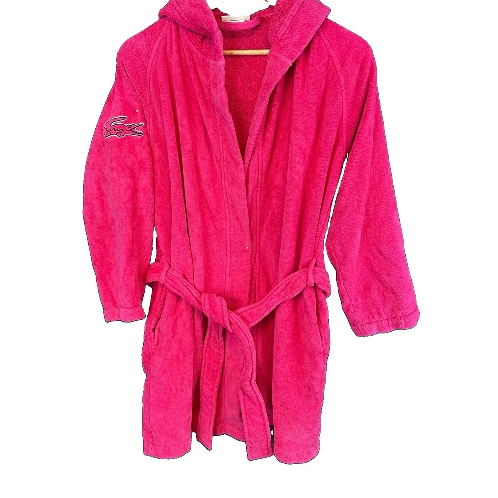 Lacoste Women's Pink Hooded Terry Robe Belted 100% Cotton Logo Size M